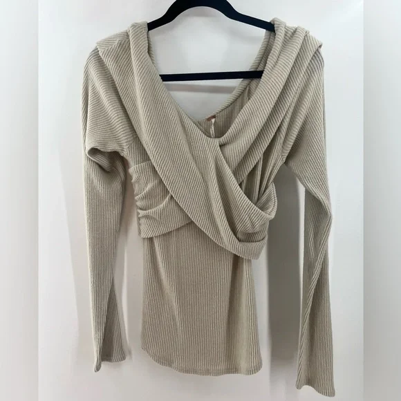 Free People Marley cross front long sleeve ribbed sweater top tan beige L large - Picture 6 of 9